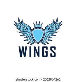 Original hand drawn illustration of blue winged shield emblem motif on a white background	
