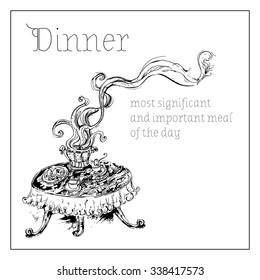 Original hand drawn illustration of dinner in vintage style. Vector.