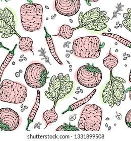 Original hand drawn seamless pattern with red vegetables and spices 