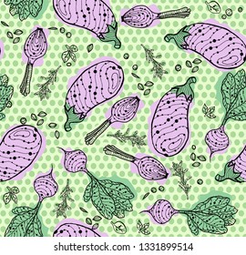 Original hand drawn seamless pattern with yellow vegetables and spices. Eggplant, onion, beet on green backgroud