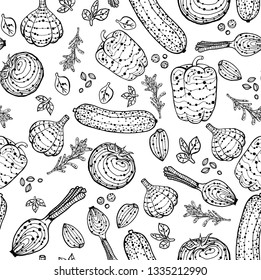 Original hand drawn seamless pattern with  vegetables. Tomato, onion, garlic, pepper, cucumber and spices