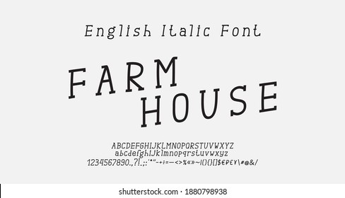 Original hand drawn serif italic font. Black thin linear condensed alphabet letters, numbers, symbols and marks. Creative style typography
