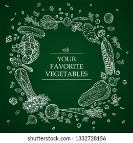 Original hand drawn sketch frame with vegetables and spices. Onion, corn, garlic, pepper, tomato, eggplant, carrot, cucumber, asparagus, beet, broccoli and cabbage isolated on green background