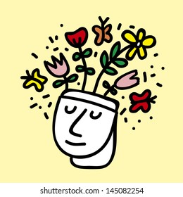 original hand drawn vector abstract head with floral hair