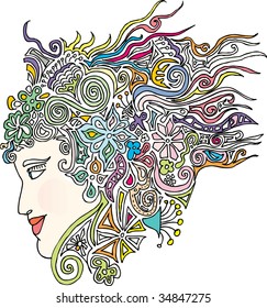 original hand drawn vector abstract woman head in retro pop style