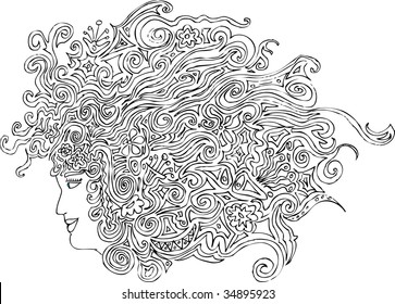 original hand drawn vector abstract woman head with floral hair