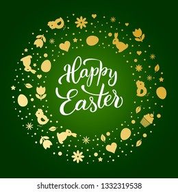 Original hand lettering  Happy Easter  with Easter symbols.  Vector illustration for print and web projects. 