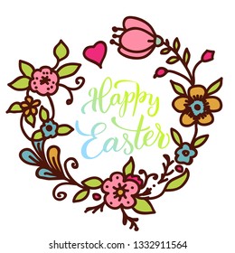 Original hand lettering  Happy Easter  with flowers.  Vector illustration print and web projects. 