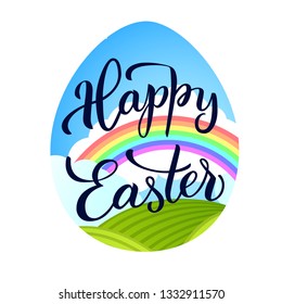 Original hand lettering  Happy Easter  with Easter symbols.  Vector illustration print and web projects. 