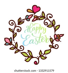 Original hand lettering  Happy Easter  with flowers.  Vector illustration print and web projects. 