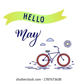 Original hand lettering Hello May and seasonal symbol bicycle. Can be use for logo, poster, icon, print and web projects.