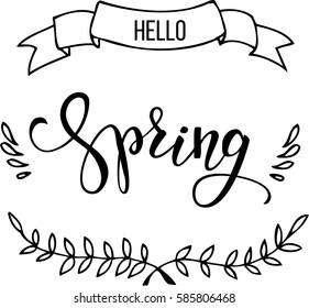 Original hand lettering Hello Spring and pattern for invitation and greeting card, prints and posters. Hand drawn inscription, calligraphic design.