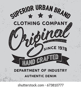 Original hand written lettering label, badge, emblem. Denim wear.Apparel design for tee print. Grunge texture. Vector illustration