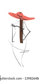 Original hand-drawing fashion plus size model. Curvy fashion woman with summer hat. Attractive young healthy girl. 