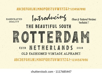 Original handmade alphabet. Vintage font design and poster. Custom typeface. Clean & Textured Versions Included. Vector.