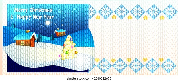 Original handmade Christmas knitted surface with a winter landscape