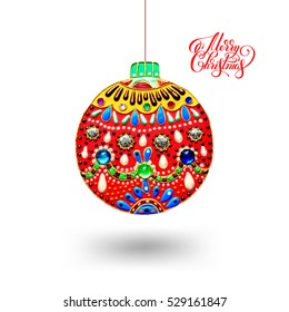 original handmade red ball decoration and lettering merry christmas isolated on white background with gold, beads, jewels, pearls, glitter, gemstones, vector illustration