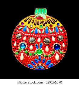 original handmade red christmas ball decoration isolated on black background with gold, beads, jewels, pearls, glitter, gemstones, vector illustration