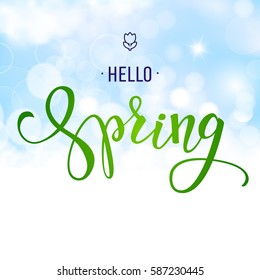  Original handwritten text Hello Spring. Illustration for posters, greeting cards, prints and web projects.