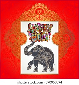 original Happy Holi design with elephant on floral indian background, vector illustration