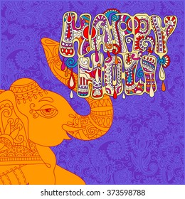 original Happy Holi design with head elephants on floral indian background, vector illustration