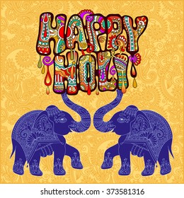 original Happy Holi design with two elephants on floral indian background, vector illustration