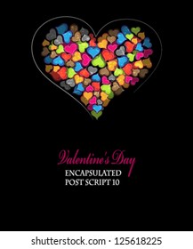 Original heart on a black background. Bright Valentines card with many colorful hearts