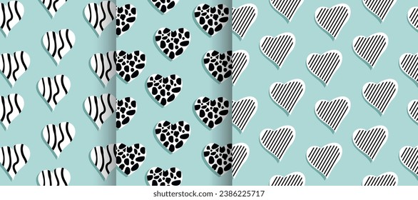 original hearts ornament seamless pattern set, heart with animal print white on blue