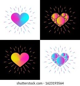 Original hearts with rays. Bright gadient. Creative design. Set.