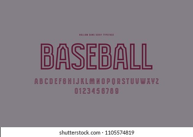 Original hollow sans serif font. Letters and numbers for logo and emblem design. Violet print on gray background