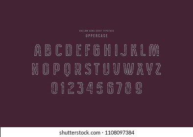 Original hollow sans serif font. Letters and numbers with rough texture for logo and emblem design. Gray print on violet background