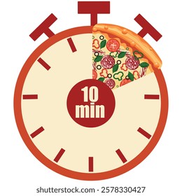 original icon for delivery service with a stopwatch dial and pizza slices and 10 minutes signaling the time of delivery of products, for posters, banners or stickers