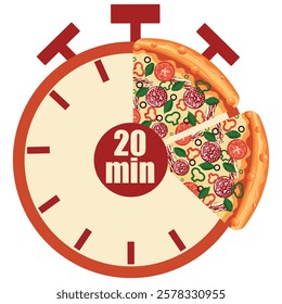 original icon for delivery service with a stopwatch dial and pizza slices and 20 minutes signaling the time of delivery of products, for posters, banners or stickers
