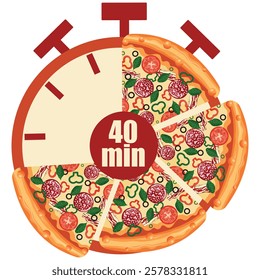 original icon for delivery service with a stopwatch dial and pizza slices and 40 minutes signaling the time of delivery of products, for posters, banners or stickers