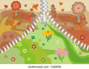 Original illustration of autumn closing zipper over summer. Seasonal concept.