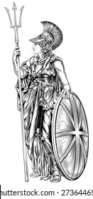 An original illustration of Britannia, personification of Britain, holding a Union Jack Shield and trident in a vintage woodcut style