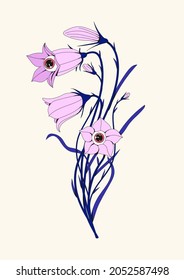 Original illustration of campanula flowers with eyes watching. Blue, navy and pink trippy design. Perfect for postcards, print, stickers, tattoo, posters and branding. Spooky face Halloween drawing.