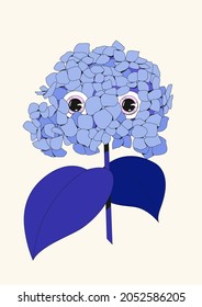 Original illustration of cosmic hydrangea flower with eyes watching you. Blue, navy trippy design. Perfect for postcards, print, stickers, tattoo, posters and branding. Spooky face Halloween drawing.