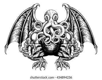 An original illustration of a Cthulhu monster in a woodblock style