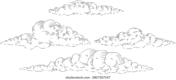 Original illustration of decorative cloud design elements in a vintage woodcut etching engraving style. 