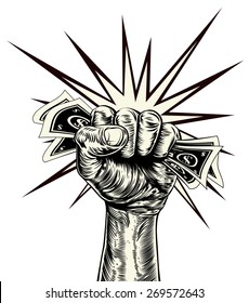 An original illustration of a dynamic fist holding money in a vintage wood cut propaganda style