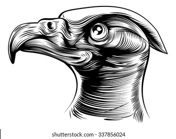 An original illustration of an eagle head in a vintage woodblock or woodcut style