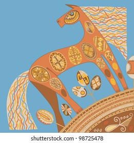 The original illustration of the Easter decorations. Fairytale Horse in the Easter eggs on the background of bright blue sky.
