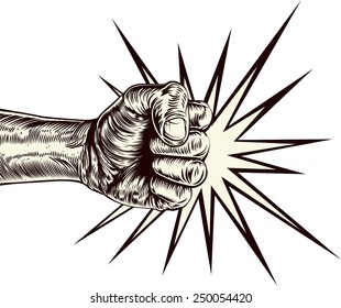 An original illustration of a fist punching in a vintage wood cut style
