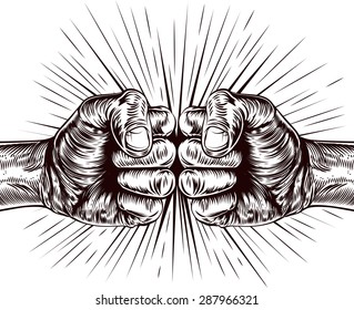 An original illustration of fists punching in a vintage wood cut style