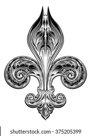 Original illustration of a fleur de lis decorative design or heraldic symbol in a vintage woodblock style