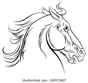 An original illustration of a horse head in a vintage woodcut woodblock style