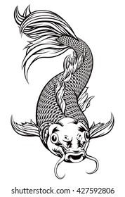 An original illustration of a koi carp fish in a vintage woodcut style