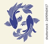 Original illustration of a koi fish, carp in blue and pink colors, Chinese new year, Asian festives. Graceful background, print, design, vector template