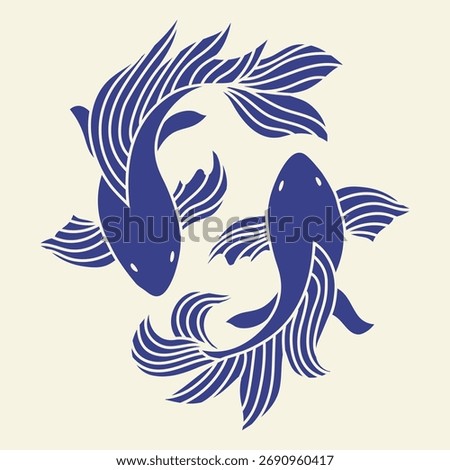 Original illustration of a koi fish, carp in blue and pink colors, Chinese new year, Asian festives. Graceful background, print, design, vector template